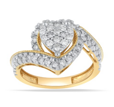 Heart Shape Twist Shank Diamond Cluster Women's Ring (0.66CT) in 10K Gold - Size 7 to 12