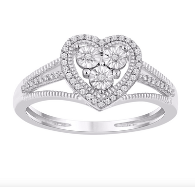 Heart Shape Three Stone Diamond Cluster Women's Ring (0.12CT) in 10K Gold - Size 7 to 12