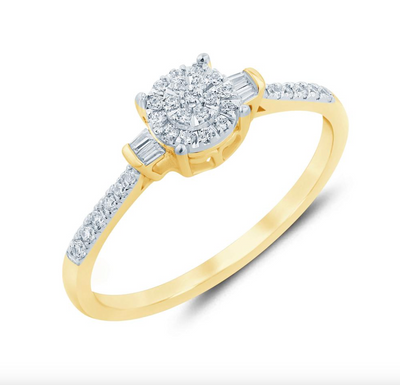 Round Shape Baguette Diamond Cluster Women's Ring (0.15CT) in 10K Gold - Size 7 to 12