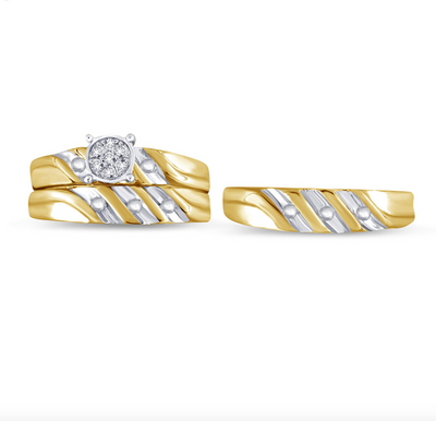 Round Frame Baguette Diamond Strips Trio Bridal Set (0.05CT) in 10K Gold - Size 7 to 12