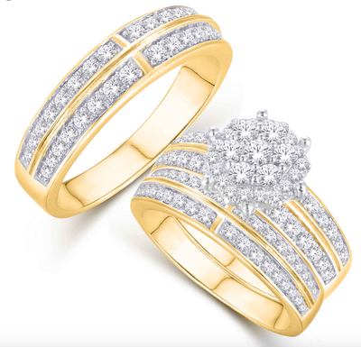 Round Frame Diamond Cluster Trio Bridal Set (2.00CT) in 10K Gold - Size 7 to 12