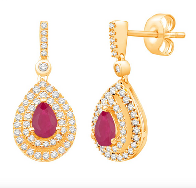 Pear Dangle Ruby Diamond Cluster Stud Earring (0.53CT) in 10K Gold (Yellow or White)