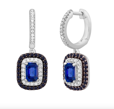 Blue Sapphire Dangle Drop Diamond Cluster Stud Earring (0.56CT) in 10K Gold (Yellow or White)