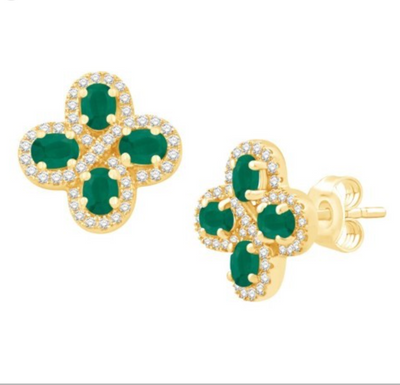 Flower Style Emerald Diamond Halo Stud Earring (1.21CT) in 14K Gold (Yellow or White)