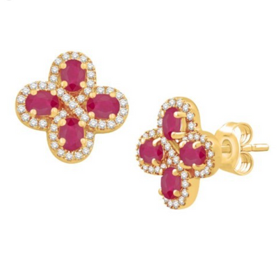 Flower Style Ruby Diamond Halo Stud Earring (1.21CT) in 14K Gold (Yellow or White)