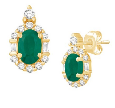 Oval Shape Emerald Illusion Diamond Halo Stud Earring (1.21CT) in 14K Gold (Yellow or White)