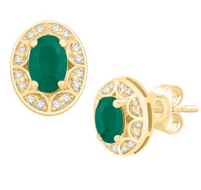 Round Shape Emerald Diamond Cluster Stud Earring (1.22CT) in 14K Gold (Yellow or White)