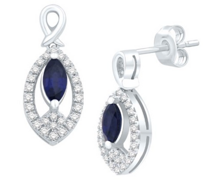 Tear Shape Blue Sapphire Dangle Drop Diamond Halo Stud Earring (0.66CT) in 14K Gold (Yellow or White)