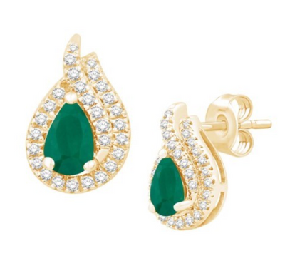 Tear Shape Emerald Diamond Cluster Stud Earring (1.28CT) in 14K Gold (Yellow or White)