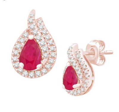 Tear Shape Ruby Diamond Cluster Stud Earring (1.28CT) in 14K Gold (Yellow or White or Rose)