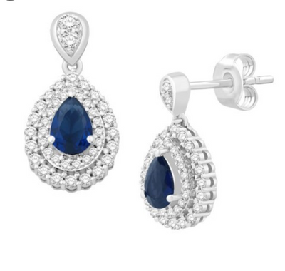 Tear Shape Blue Sapphire Dangle Drop Diamond Halo Stud Earring (1.42CT) in 14K Gold (Yellow or White or Rose)