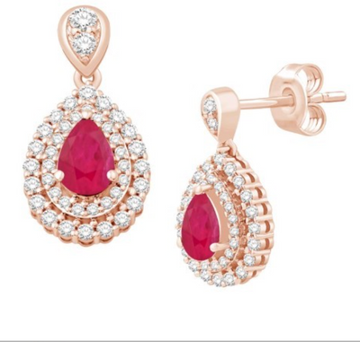 Tear Shape Ruby Dangle Drop Diamond Halo Stud Earring (1.51CT) in 14K Gold (Yellow or White or Rose)