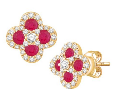 Flower Cluster Ruby Diamond Stud Earring (1.44CT) in 14K Gold (Yellow or White)