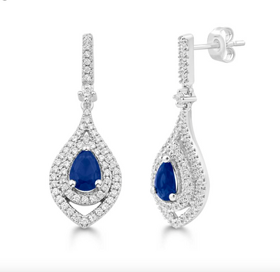 Tear Shape Blue Sapphire Dangle Drop Diamond Halo Stud Earring (0.61CT) in 14K Gold (Yellow or White)