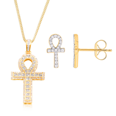 10K Gold Ankh Pendant with 0.50CT Diamonds with Matching Gold Studs with 0.16CT Diamonds