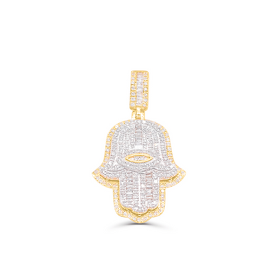 Hamsa Hand Evil Eye Centered Baguette Diamond Pendant (1.00CT) in 10K Gold