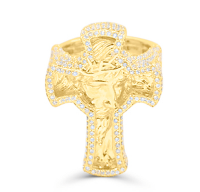Crucifix Shape Diamond Cluster Men's Pinky Ring (5.50CT) in 10K Gold - Size 7 to 12