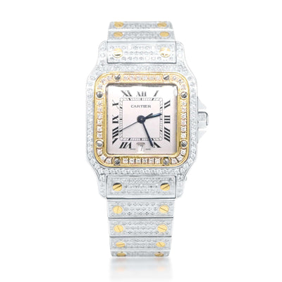 Cartier Santos Iced Out 28mm Golden Dial Watch