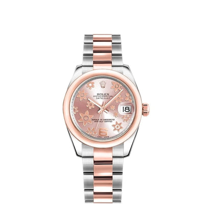 Rolex Datejust 31mm 18k Rose Gold & Stainless Steel Floral Motif Pink Dial Oyster Watch 178241