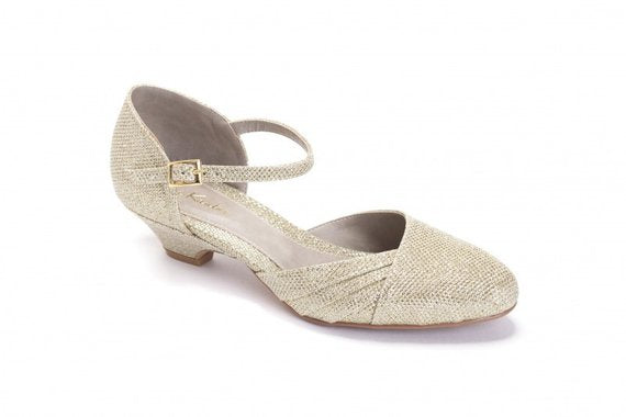 gold evening shoes low heel
