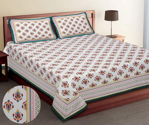 Trendily Premium Jaipuri Printed Ethnic Floral Bedsheet, 100% Cotton Bedsheet for Double Bed King Size  (1 Bed Sheet+2 Pillow Covers)  (BS-024)