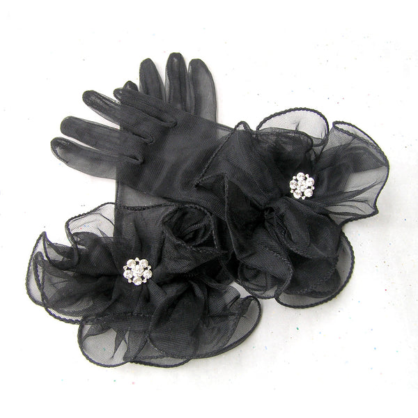 Sheer Black Gloves Vintage Style Evening Gloves With R