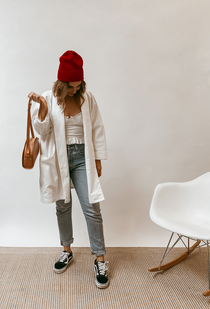 Stylish and comfortable daily outfit feat. Canvas Kimono in Bone