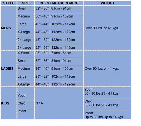 Hyperlite Life Vest Size chart
