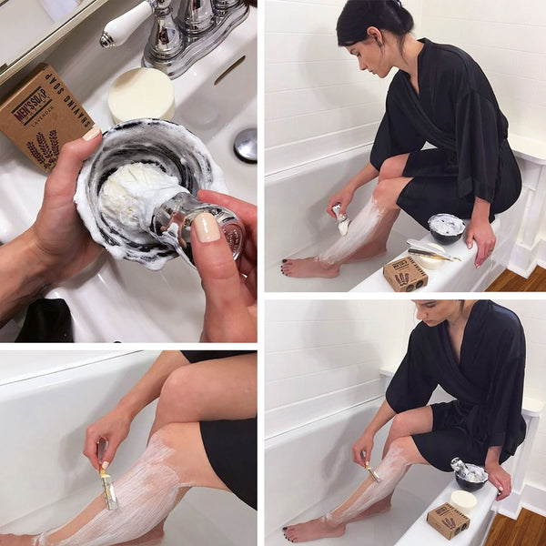 Shaving legs with traditional (straight) razor, shaving soap and brush.