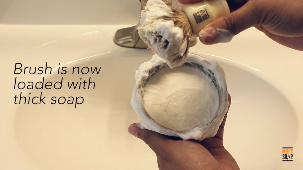 Load the shaving brush by rubbing on shaving for for 30 seconds. 