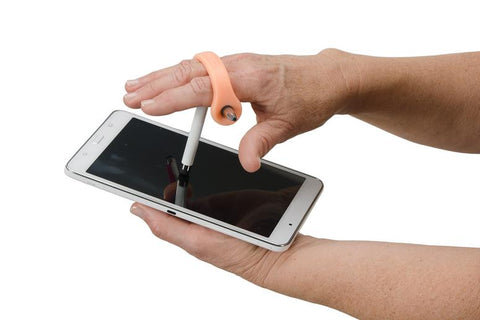 eazyhold orange cuff used with a stylus on a smart device