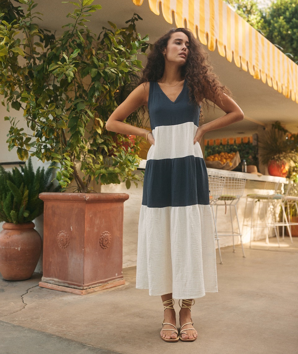 Corinne Maxi Dress in Cloud Dancer/India Ink Colorblock