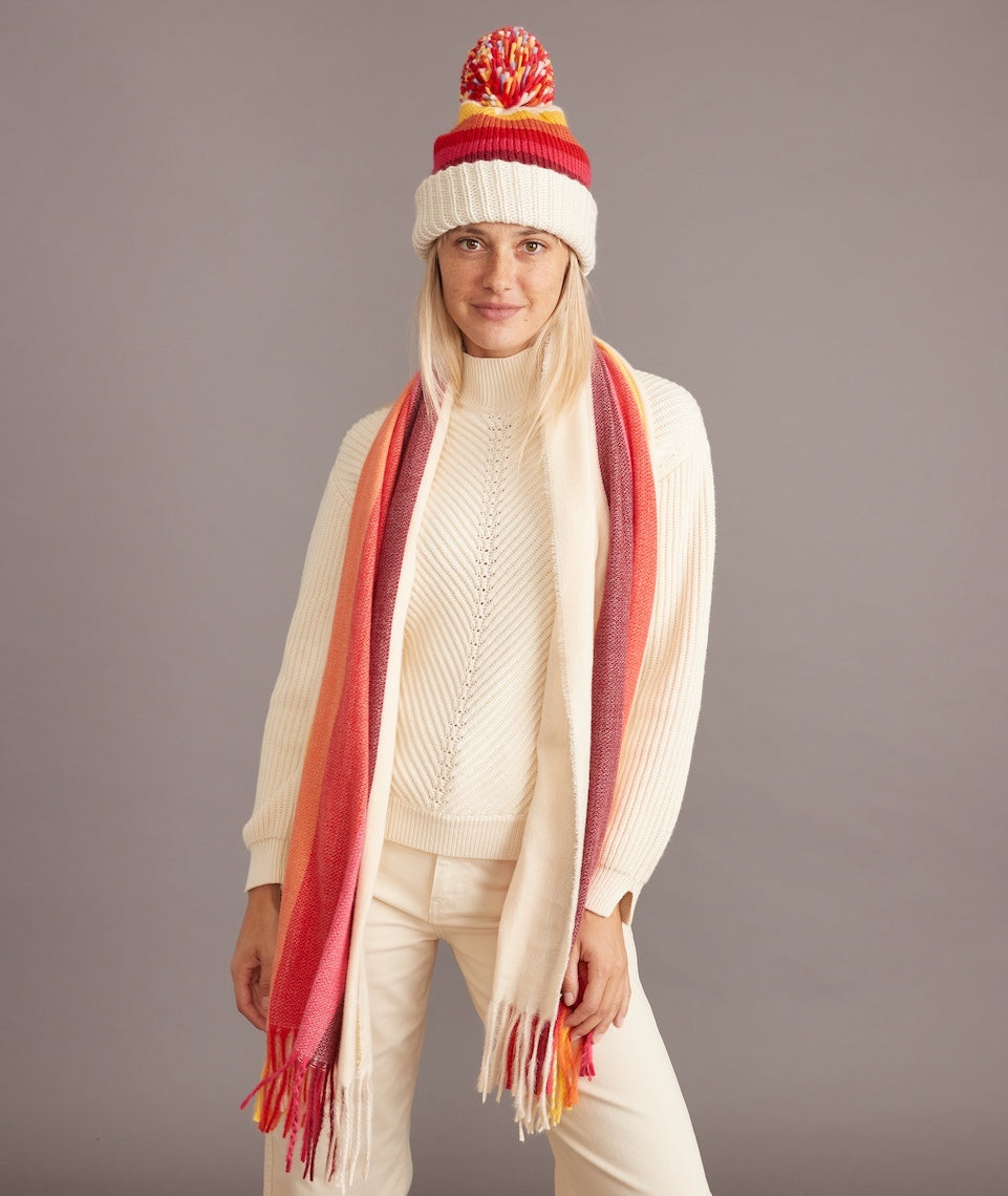 Donner Stripe Pom Beanie in Cream/Multi Stripe