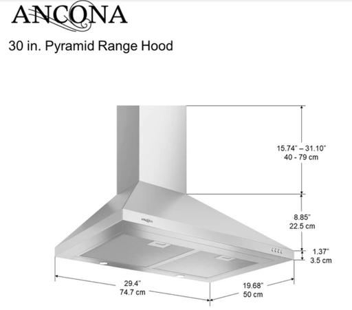 Ancona AN-1129X 30 in. Stainless Steel Pyramid Range Hood *Minor Wear, Previously Installed*