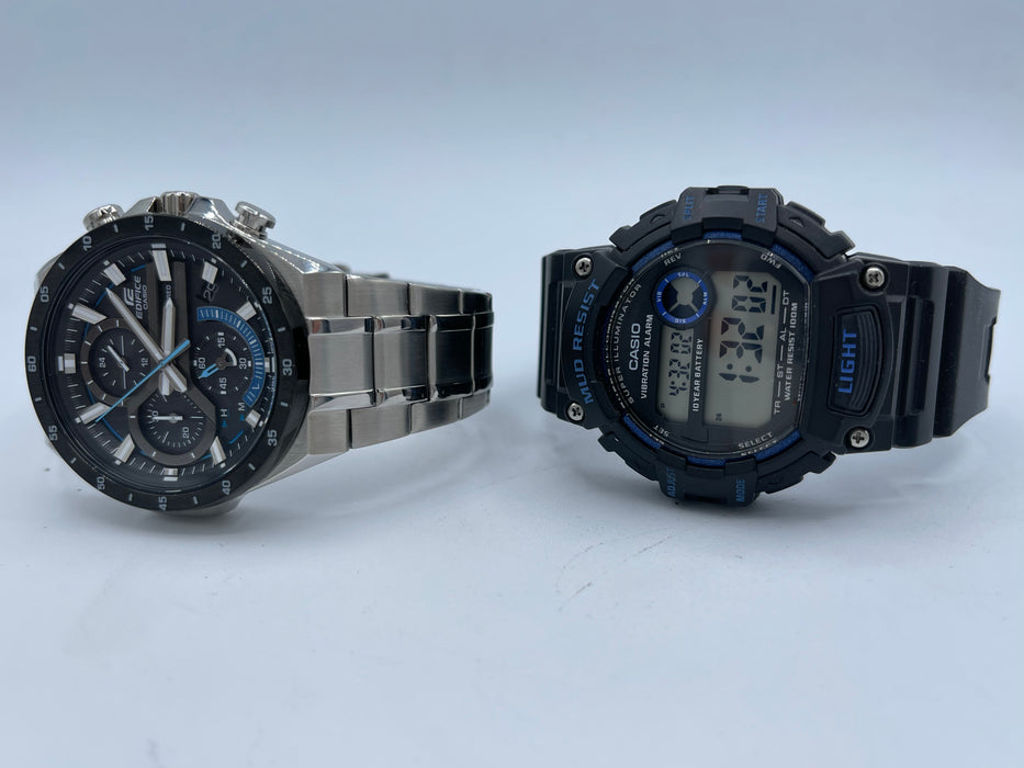 Men's Casio Watch *2 pack* Casio Men's EQB-501XD-1ACF Edifice Connected Analog Display Quartz Silver Watch, Silver, Chronograph and Casio Men's TRT-110H-2AVCF Mud Resistant Digital Display Quartz Black Watch