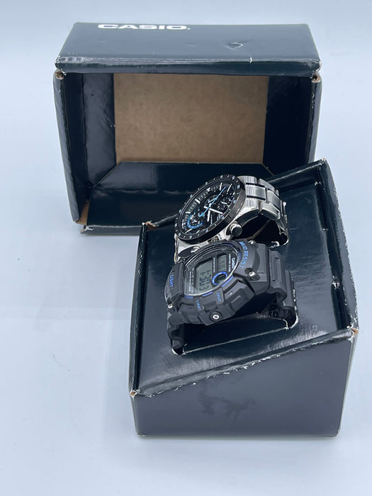 Men's Casio Watch *2 pack* Casio Men's EQB-501XD-1ACF Edifice Connected Analog Display Quartz Silver Watch, Silver, Chronograph and Casio Men's TRT-110H-2AVCF Mud Resistant Digital Display Quartz Black Watch