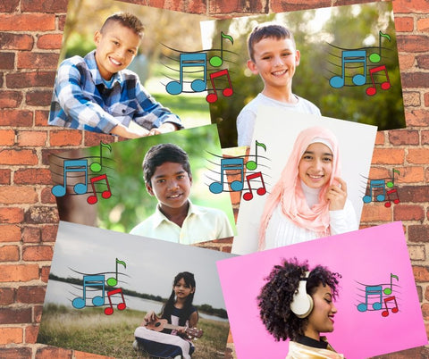 6 different ethnic kids with music notes
