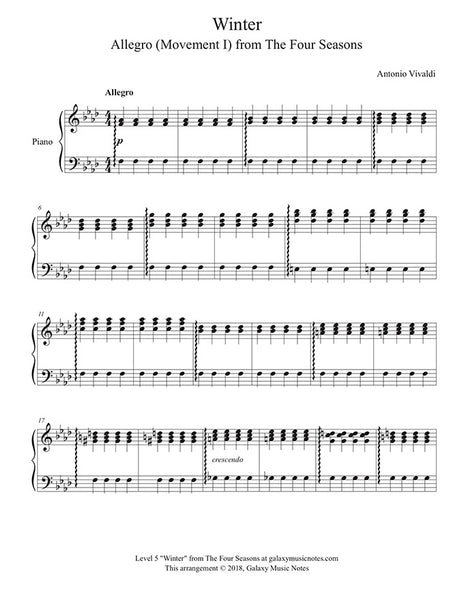 Winter Movement 1 From The Four Seasons By Vivaldi Level 5 Piano Sheet Music