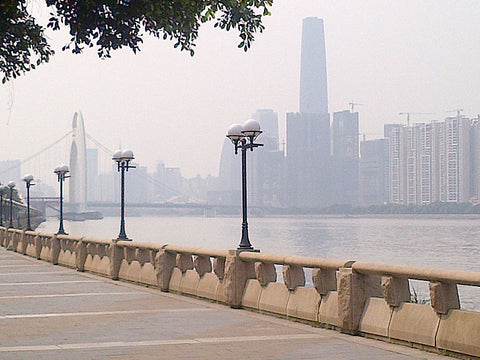 Waterfront along the south side of the Pearl River. In the background is the 1440′ tall Guangzhou IFC tower.