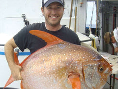 Marine biologist Nick Wegner with an opah, the first fish found to be warm blooded. (Photo: NOAA Fisheries, Southwest Fisheries Science Center)