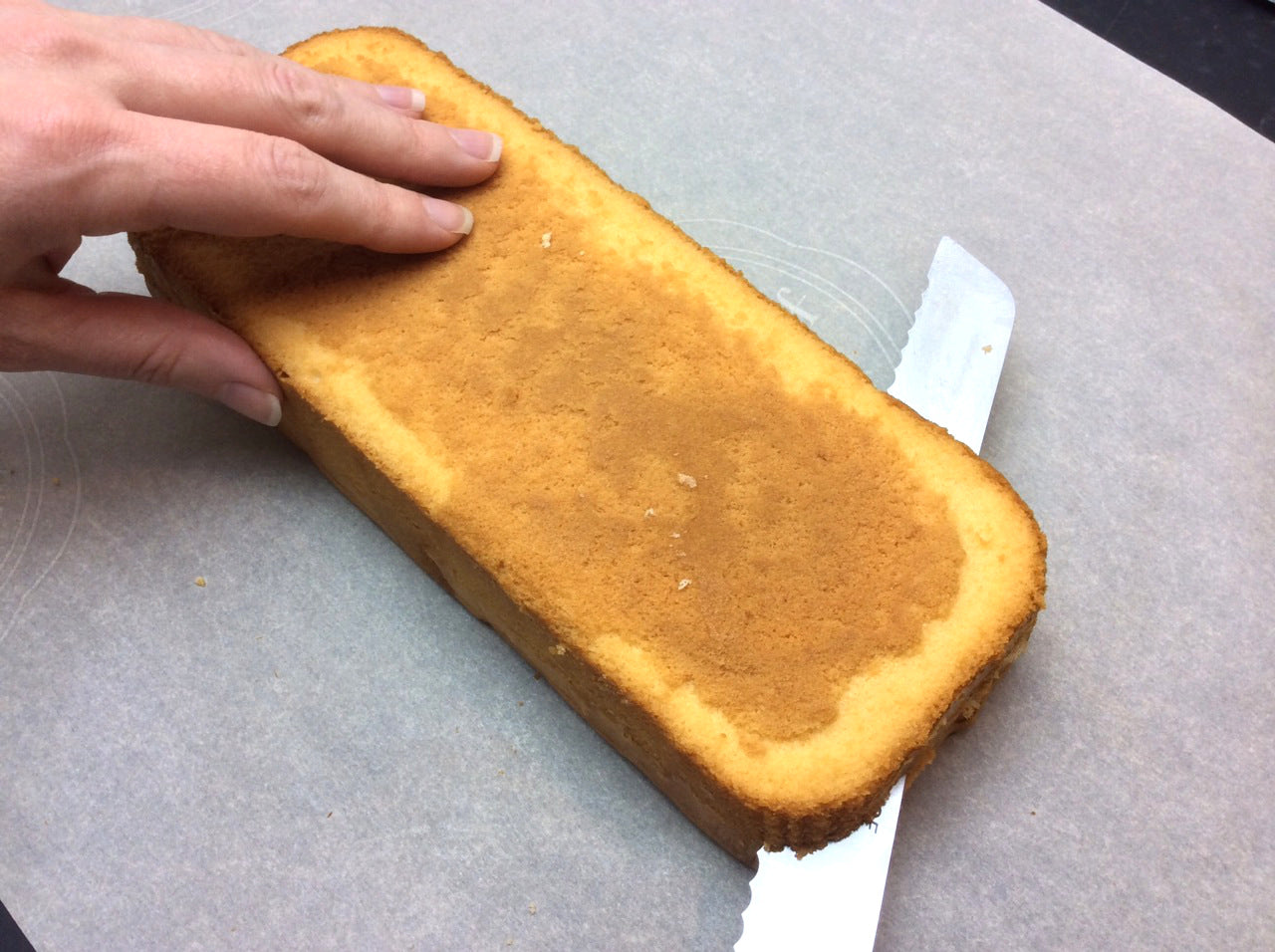 Cutting Pound Cake in Half for Mini Robbins Egg Petit Fours