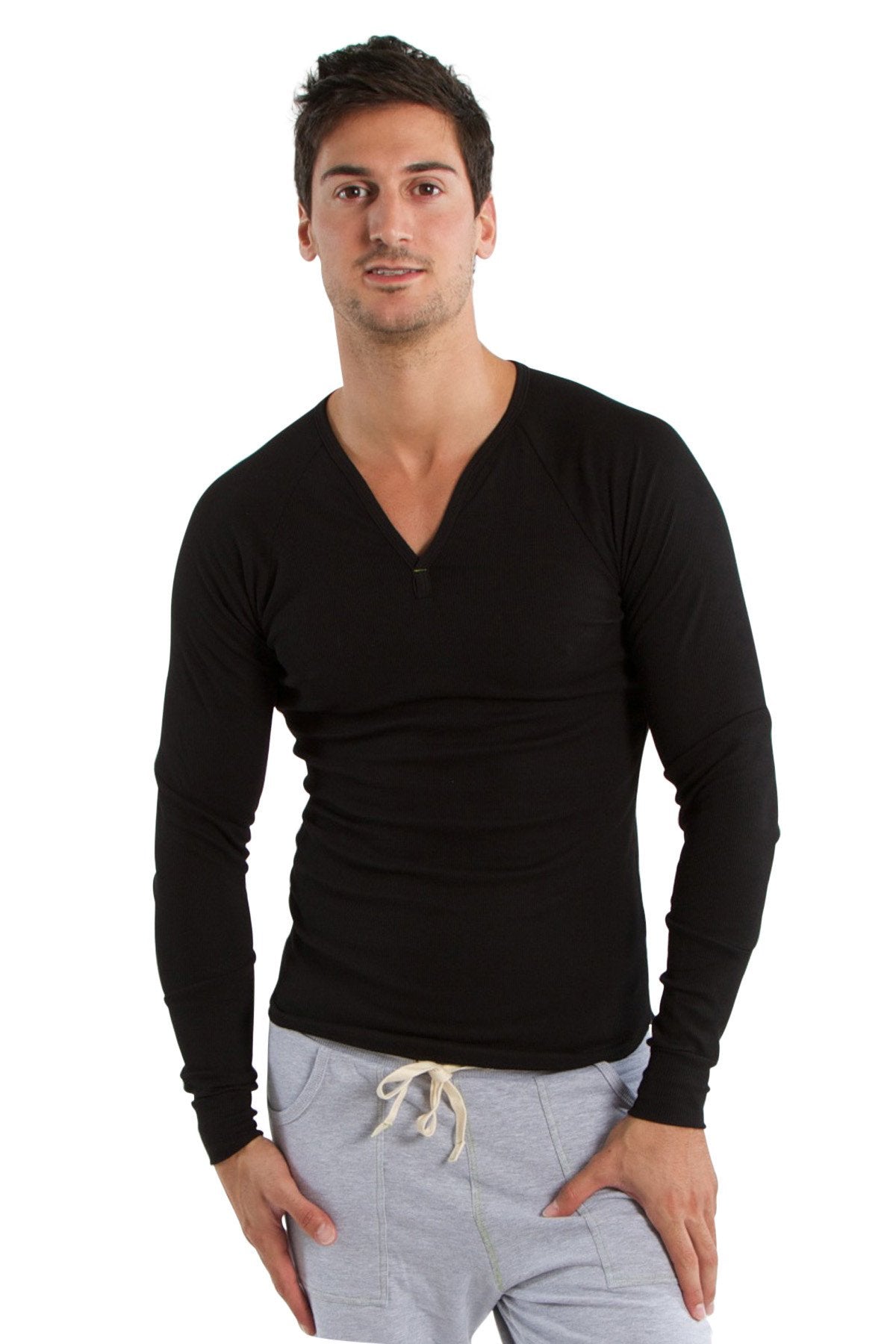 black long sleeve v neck shirt mens