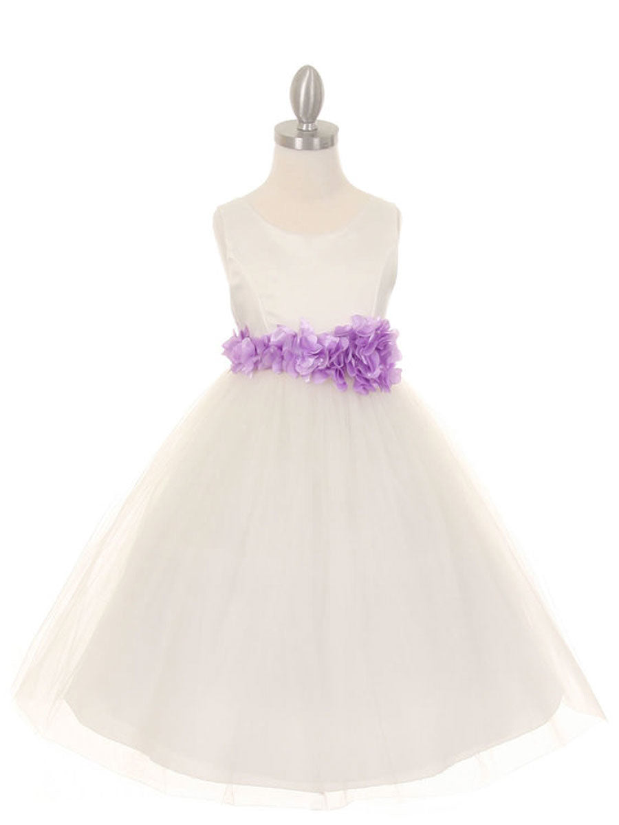 Ivory Satin & Tulle Flower Girl Dress with Floral Sash