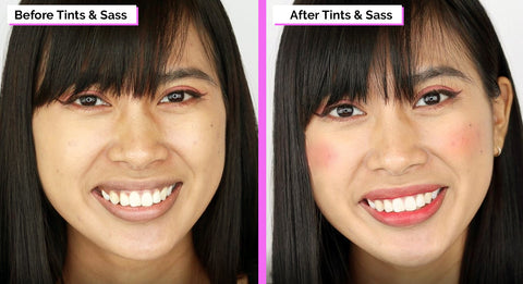 Elizabeth Mott Tints And Sass Lip and Cheek Stain Applied Before And After Picture