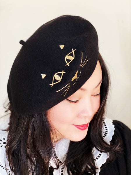 Kitty Cat Black Wool Beret
