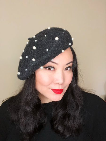 Charcoal Grey White Pearls Wool Beret