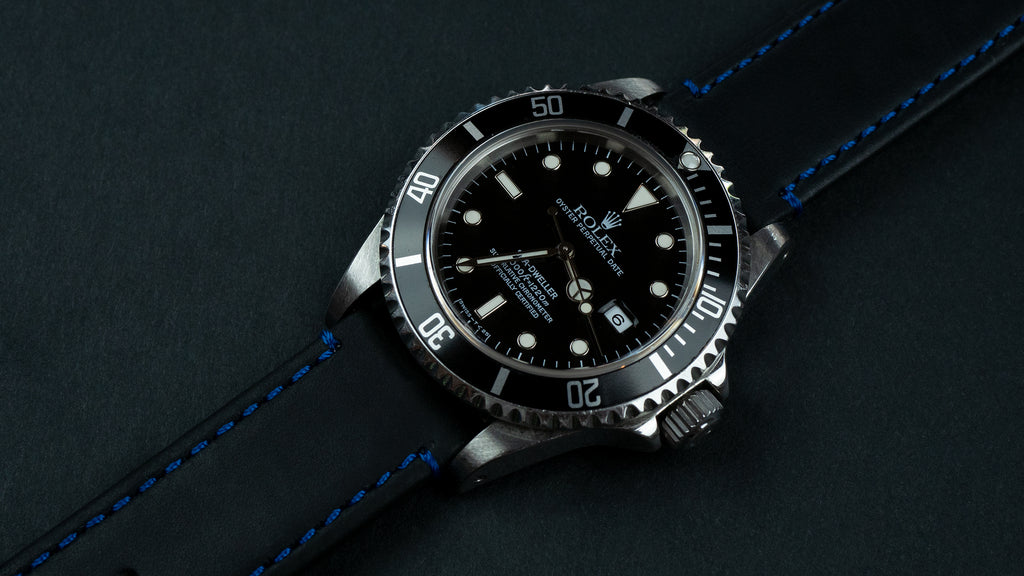 Rolex on Black Leather / Blue Stitching quick release strap