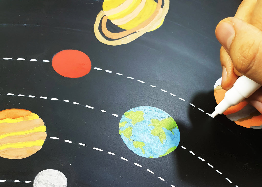 Close Up Colorful Solar System Drawing On Chalkboard