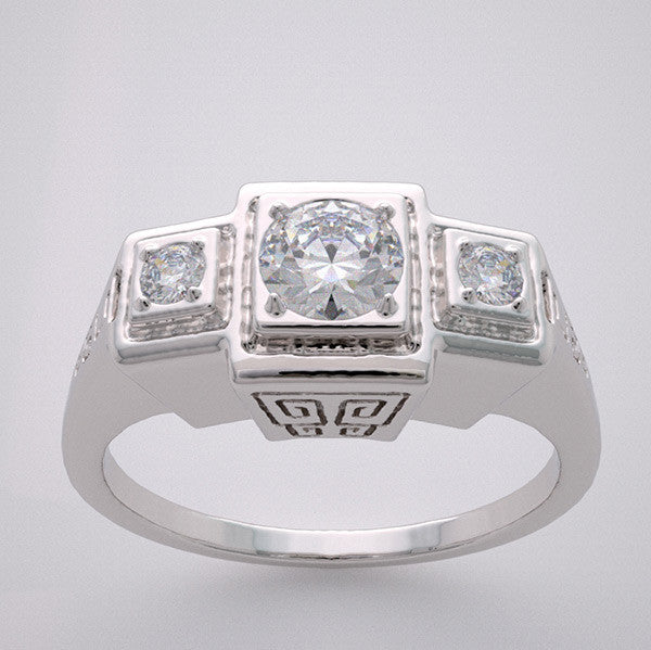 14k Three Stone Engagement Ring Setting With Stylized Greek Key Design, Center Quality Swarovski Gem
