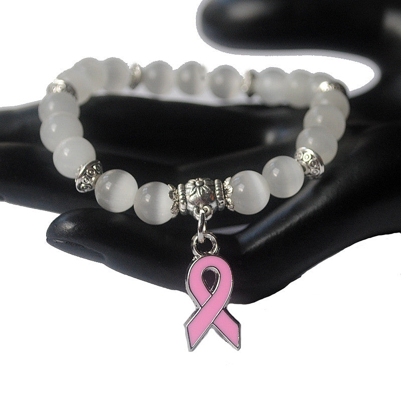 Breast Cancer Awareness Pink Miracle Bead Bracelet with Pink Ribbon Charm 